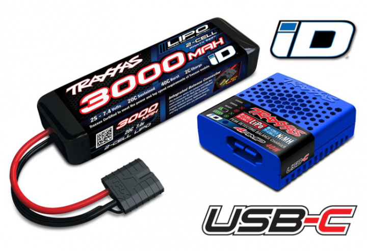 Laddare USB-C och 2S 7.4v 3000mAh LiPo Batteri Combo i gruppen Katalog / Fabrikat / T / Traxxas / Batterier Li-Po hos Minicars Hobby Distribution AB (422985-2S)