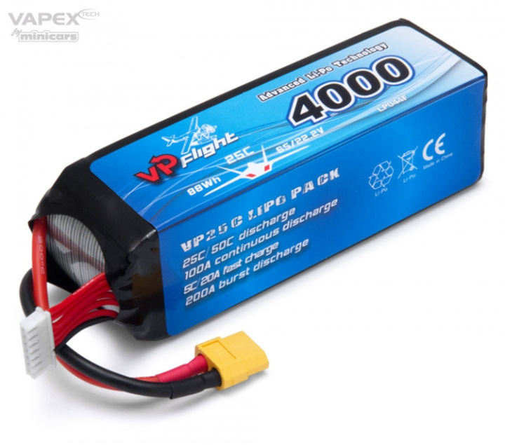 Li-Po Batteri 6S 22,2V 4000mAh 25C XT60-Kontakt i gruppen Katalog / Tillbehör & Delar / Batterier & Tillb. hos Minicars Hobby Distribution AB (VPLP044FXT)